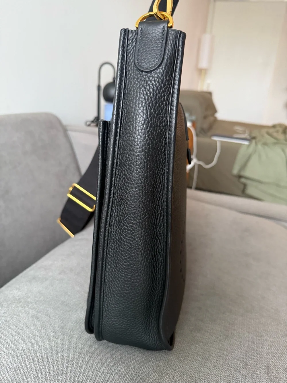 Hermes Black Perforated H Messenger Bag with Gold Hardware